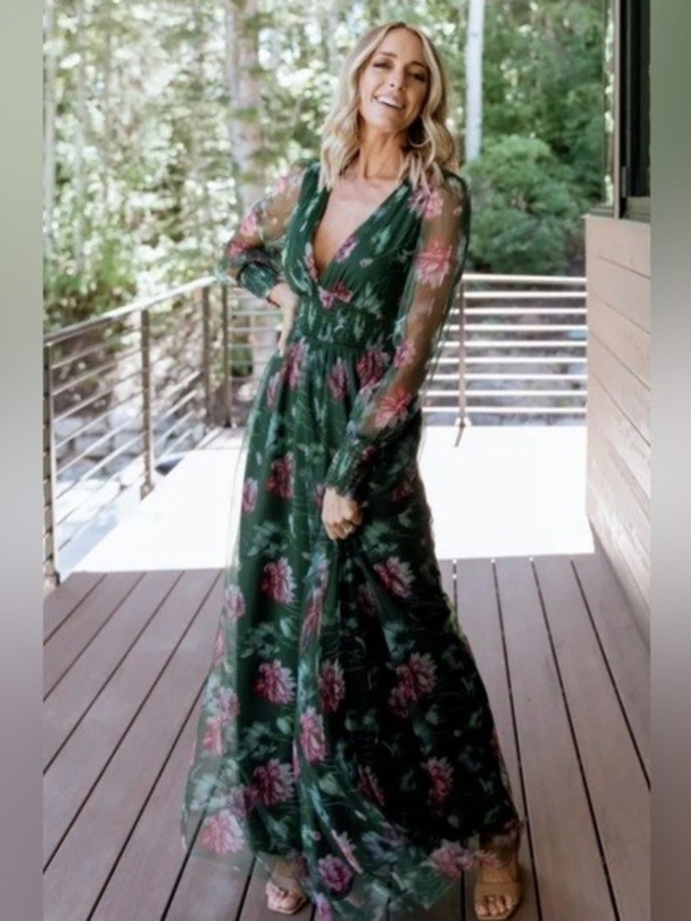 Baltic Born Green Layla Tulle Maxi Dress Dark Green W/ Pink Flowers